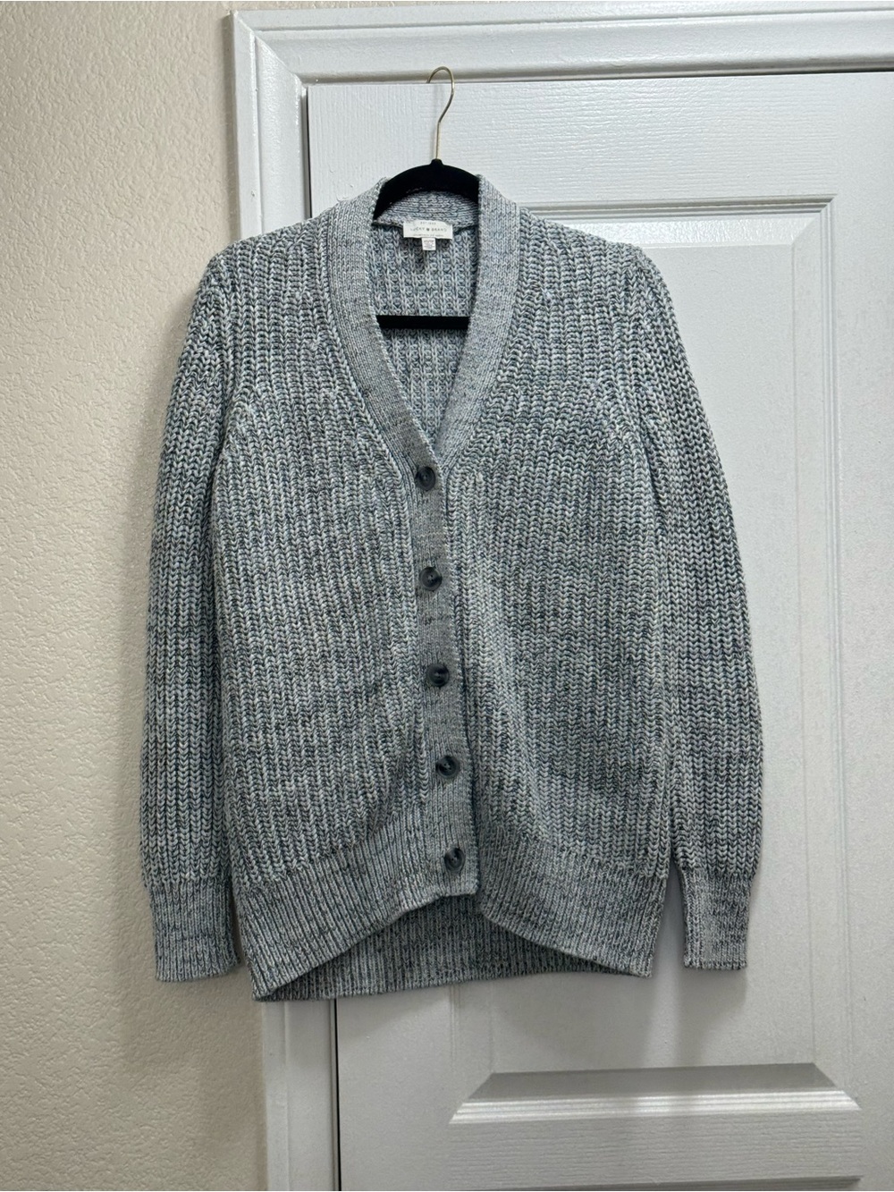 Lucky Brand Shaker Knit Cardigan Sweater Gray Marled Button Front V-Neck XS